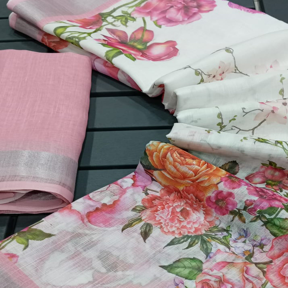 White & Pink Floral Digital Printed Linen Saree