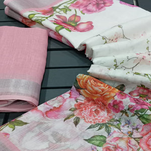 White & Pink Floral Digital Printed Linen Saree