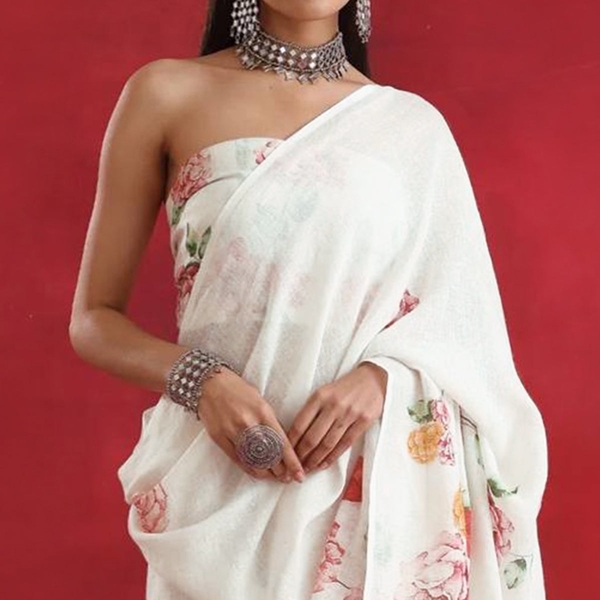 White Floral Digital Printed Linen Saree