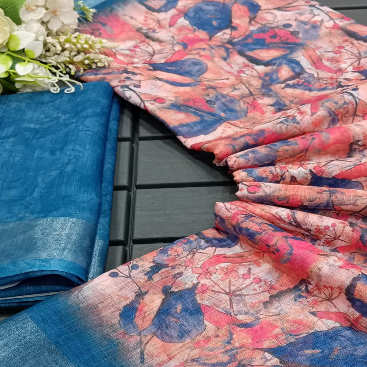 Peach & Blue Floral Printed Linen Saree