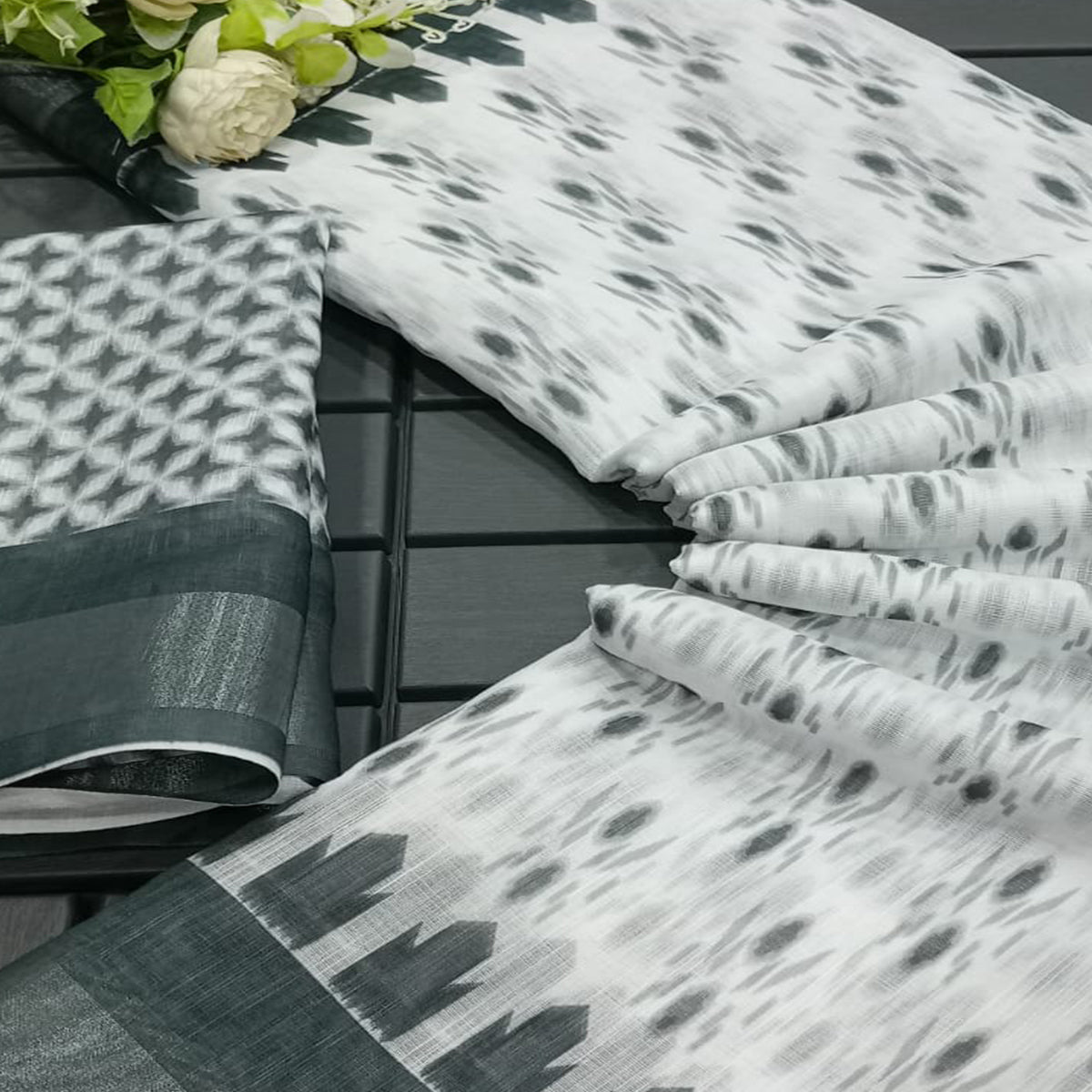 White & Grey Ikkat Printed Linen Saree