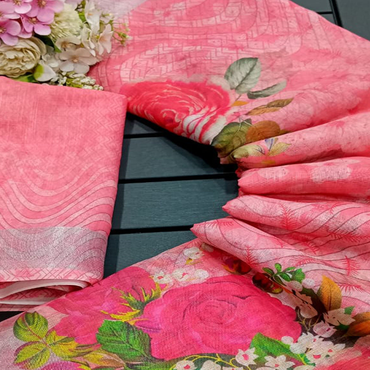 Gajri Pink Floral Printed Linen Saree