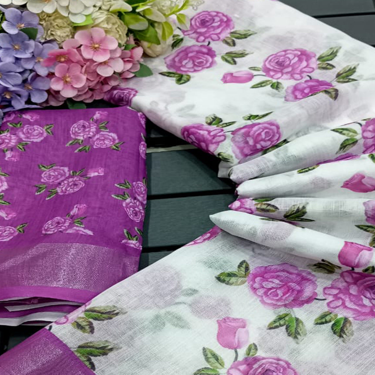 White & Purple Floral Printed Linen Saree