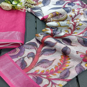 White & Pink Floral Printed Linen Saree