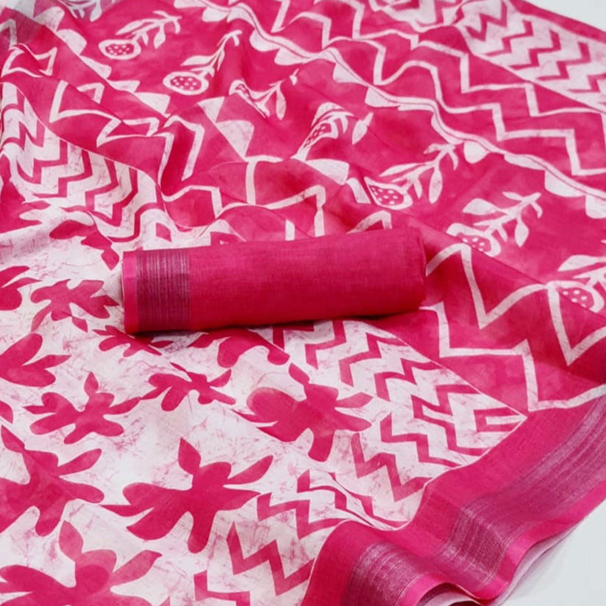 Pink & White Floral Printed Linen Saree