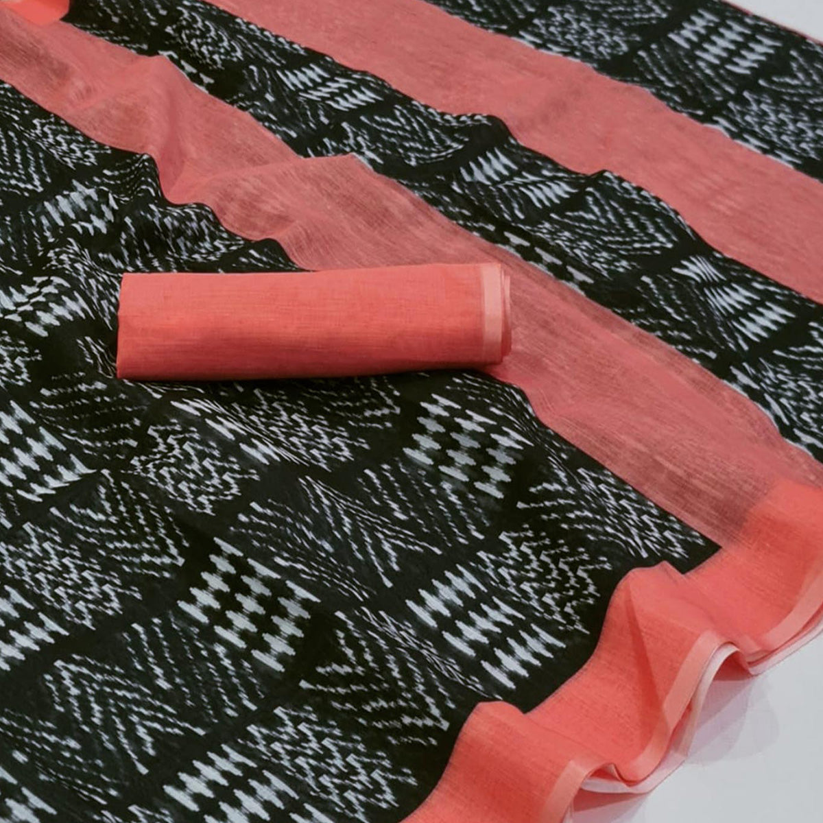 Black & Peach Digital Printed Linen Saree