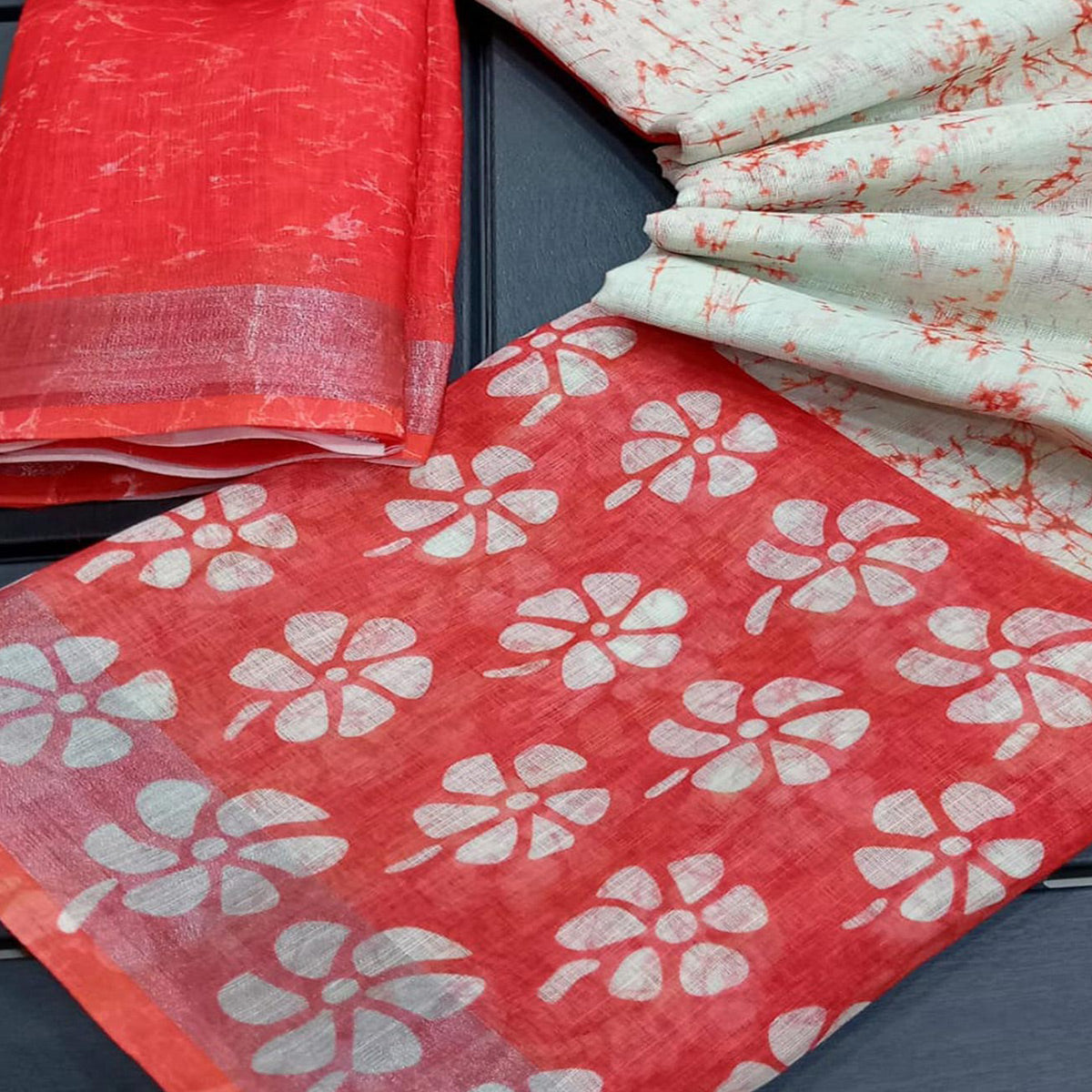 White & Red Printed Linen Saree