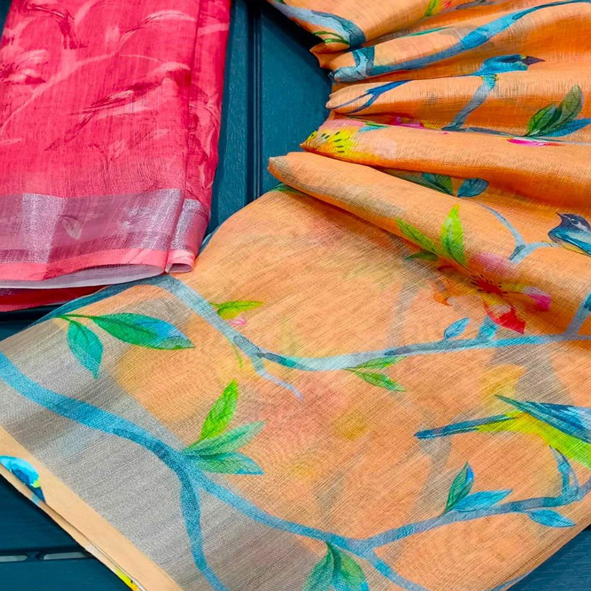 Orange Printed Linen Saree