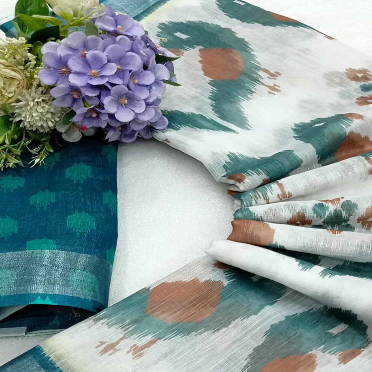 Teal Ikkat Printed Linen Saree