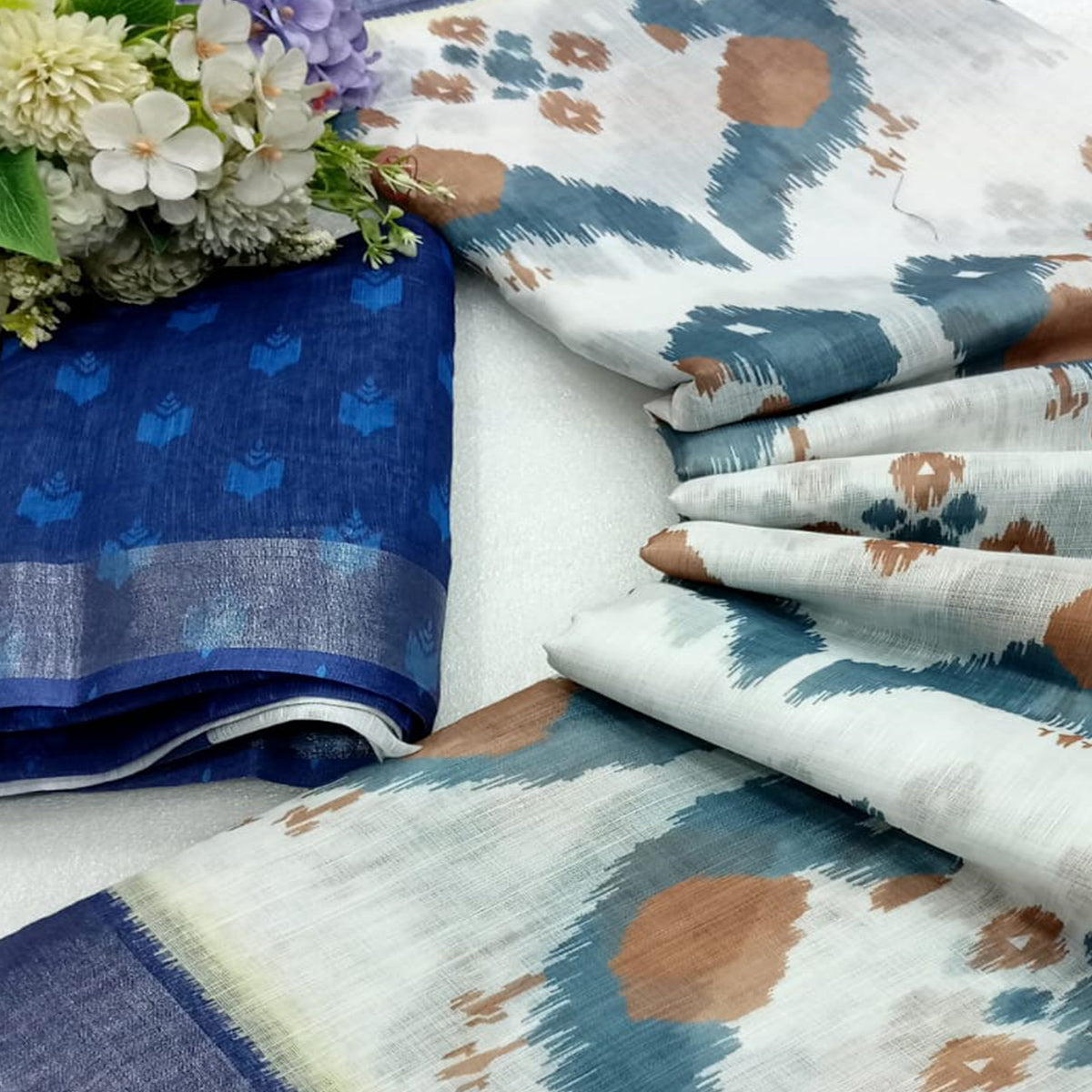 Blue Ikkat Printed Linen Saree