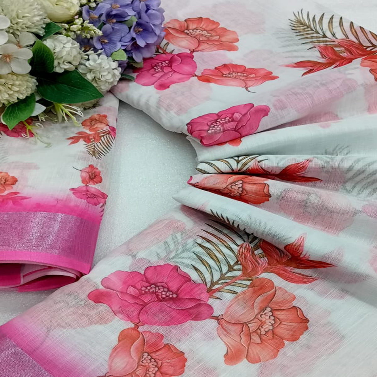 Pink Floral Printed Linen Saree