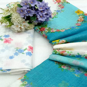 Blue Floral Printed Linen Saree