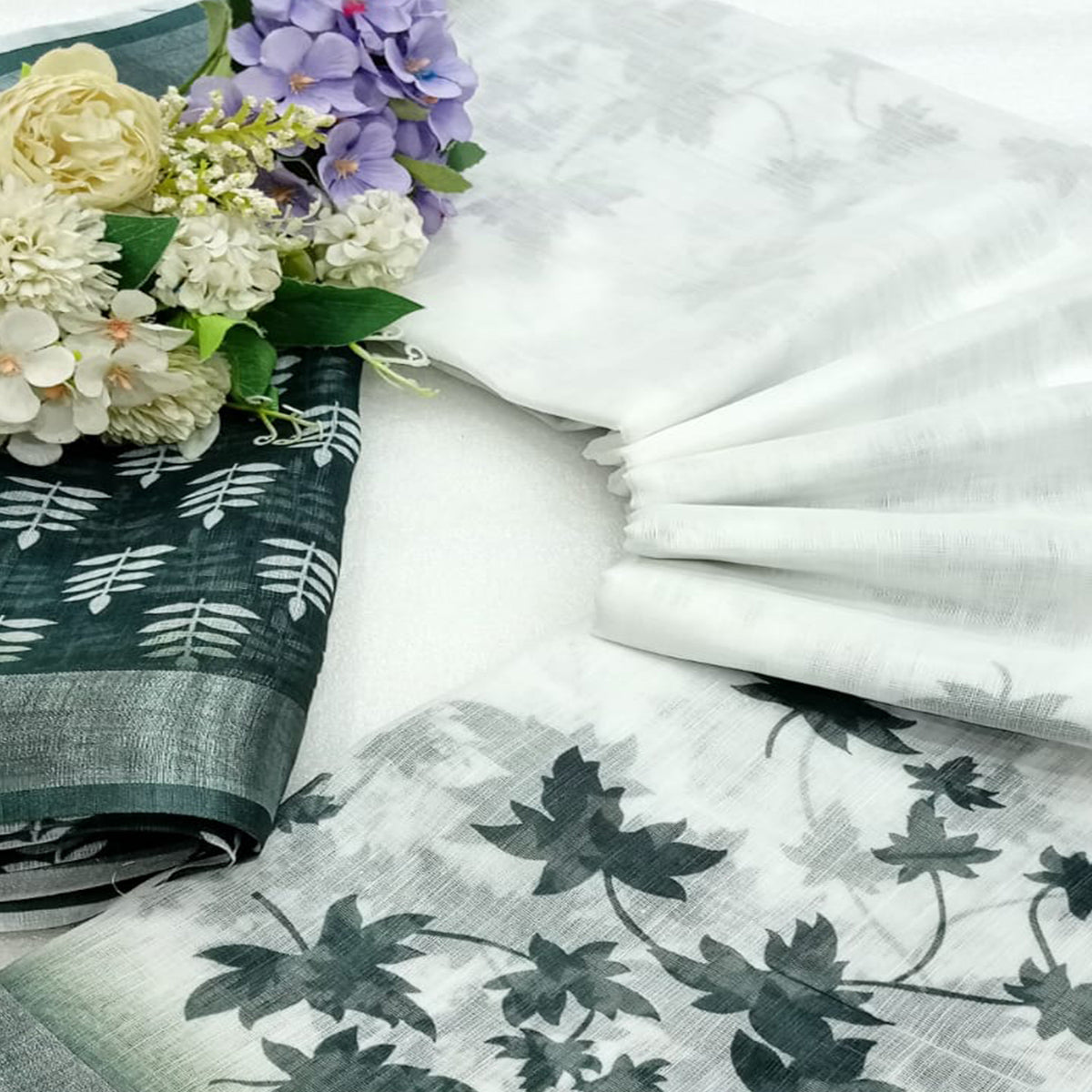 Green Floral Printed Linen Saree