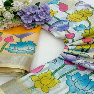 Multicolor Floral Printed Linen Saree