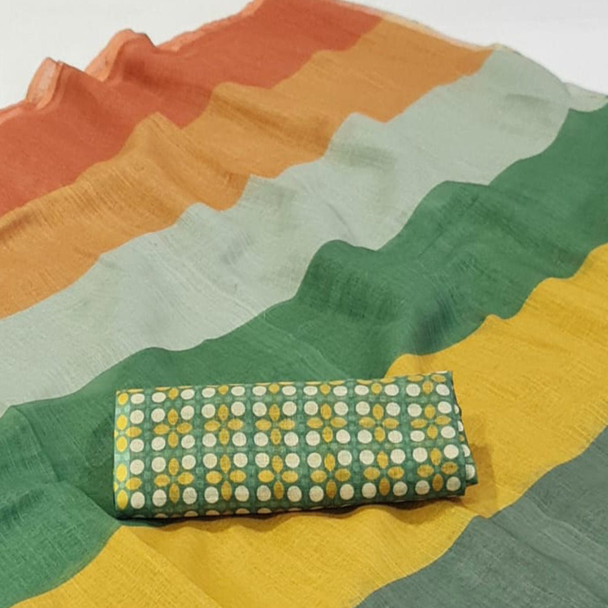 Multicolor Digital Printed Linen Saree with Zari Border