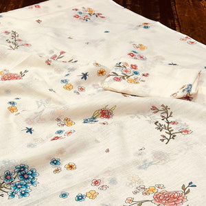 Classic Off White Linen Cotton Drape Featuring Floral Prints