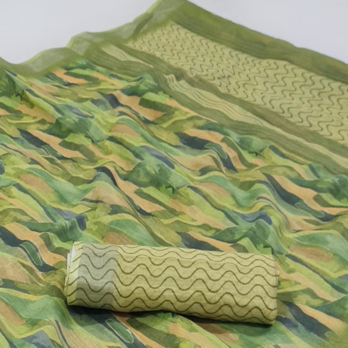 Green Abstract Digital Printed Linen Saree with Zari Border