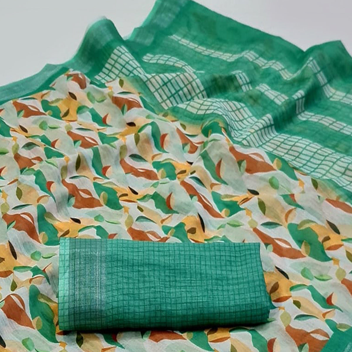 Multicolor Floral Digital Printed Linen Saree with Zari Border