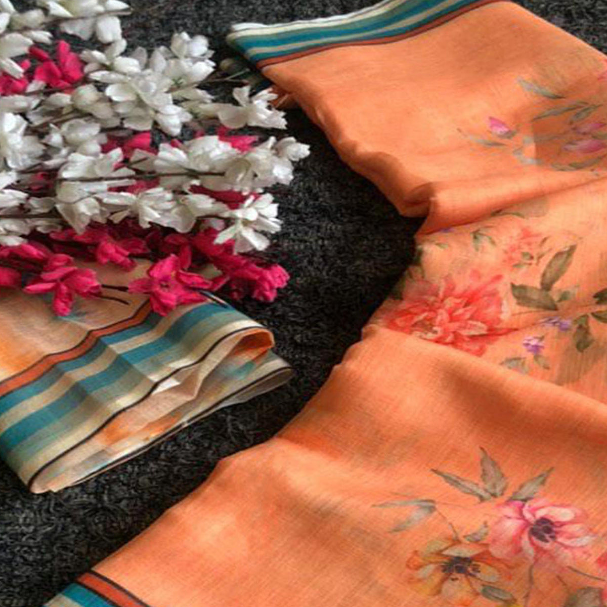 Orange Digital Printed Linen Saree With Border