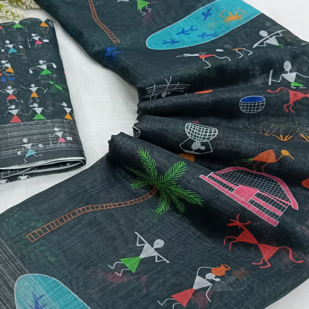 Black Digital Printed Linen Saree