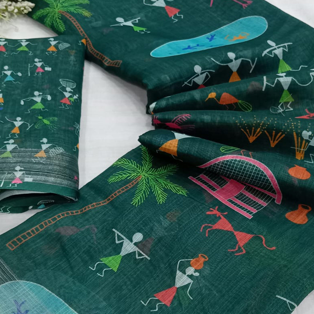 Green Digital Printed Linen Saree