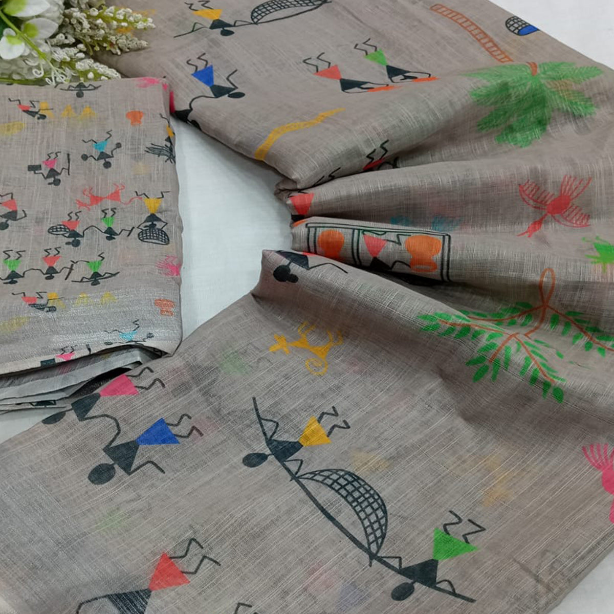 Grey Digital Printed Linen Saree