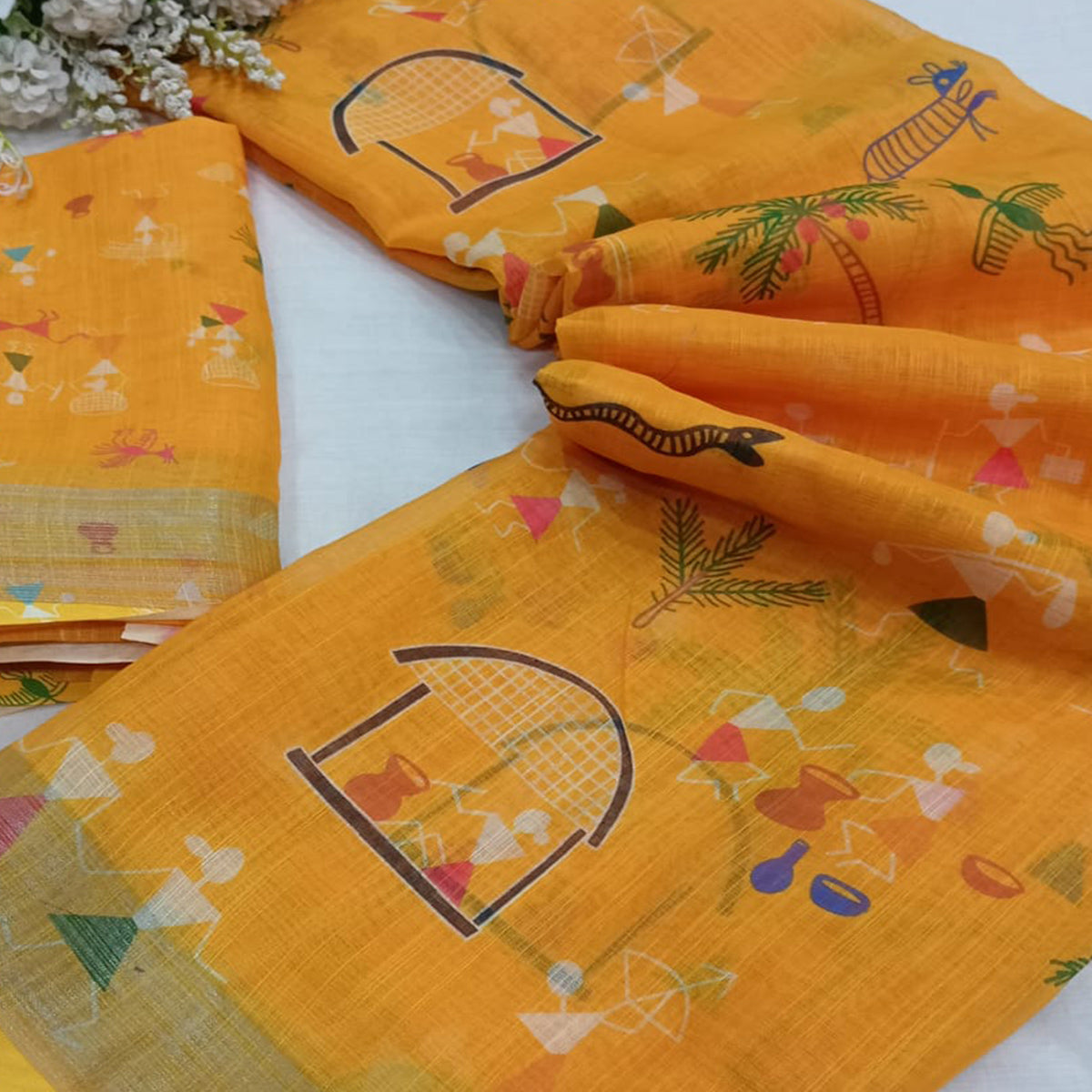 Yellow Digital Printed Linen Saree