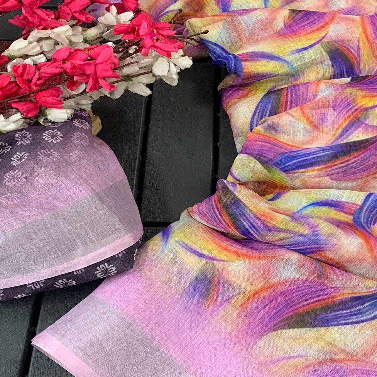 Pink Digital Printed Linen Saree With Border