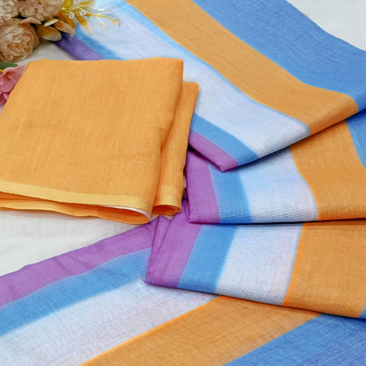 Multicolor Striped Printed Linen Saree