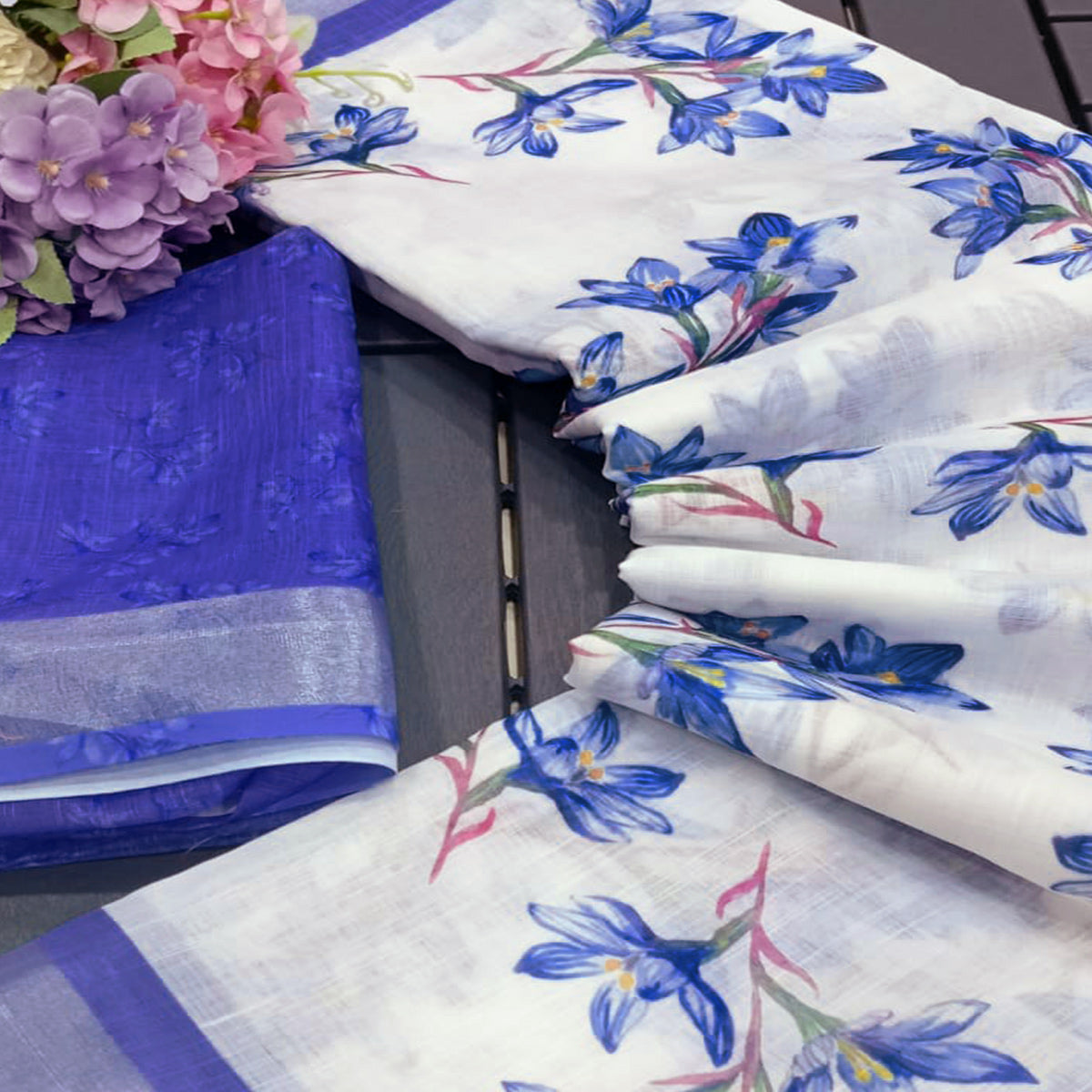 White & Blue Floral Digital Printed Linen Saree