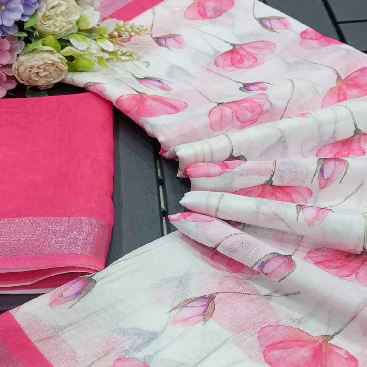 White & Pink Floral Digital Printed Linen Saree