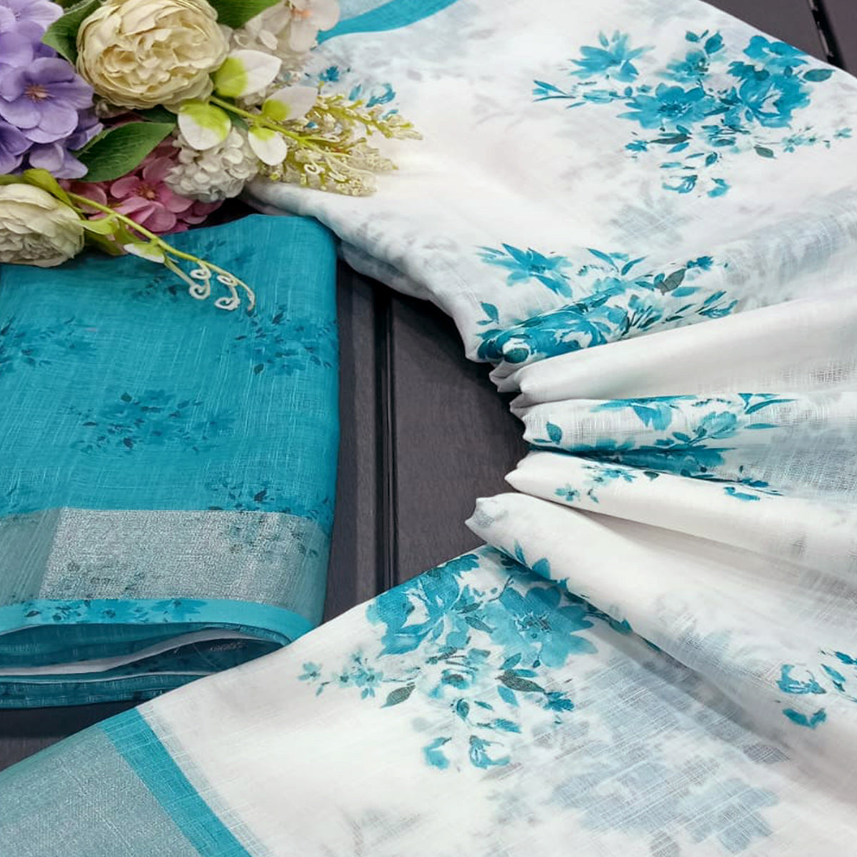 White & Sky Blue Floral Digital Printed Linen Saree