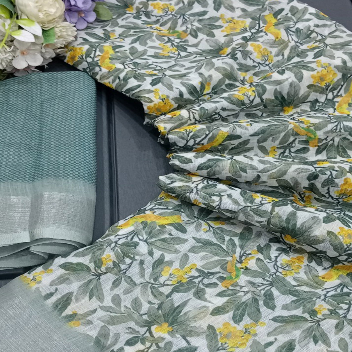 Grey Floral Digital Printed Linen Saree