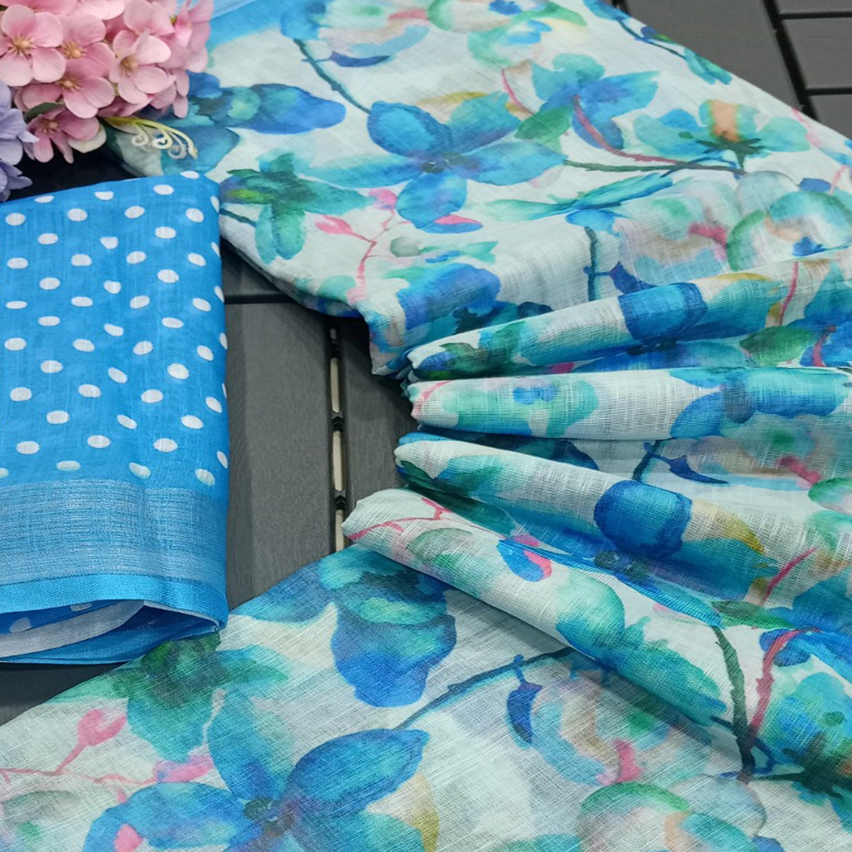 Blue Floral Digital Printed Linen Saree