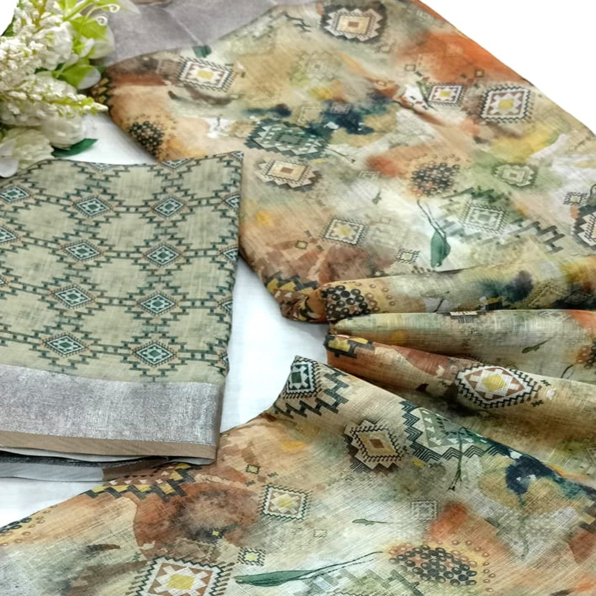 Cream & Green Digital Printed Linen Saree