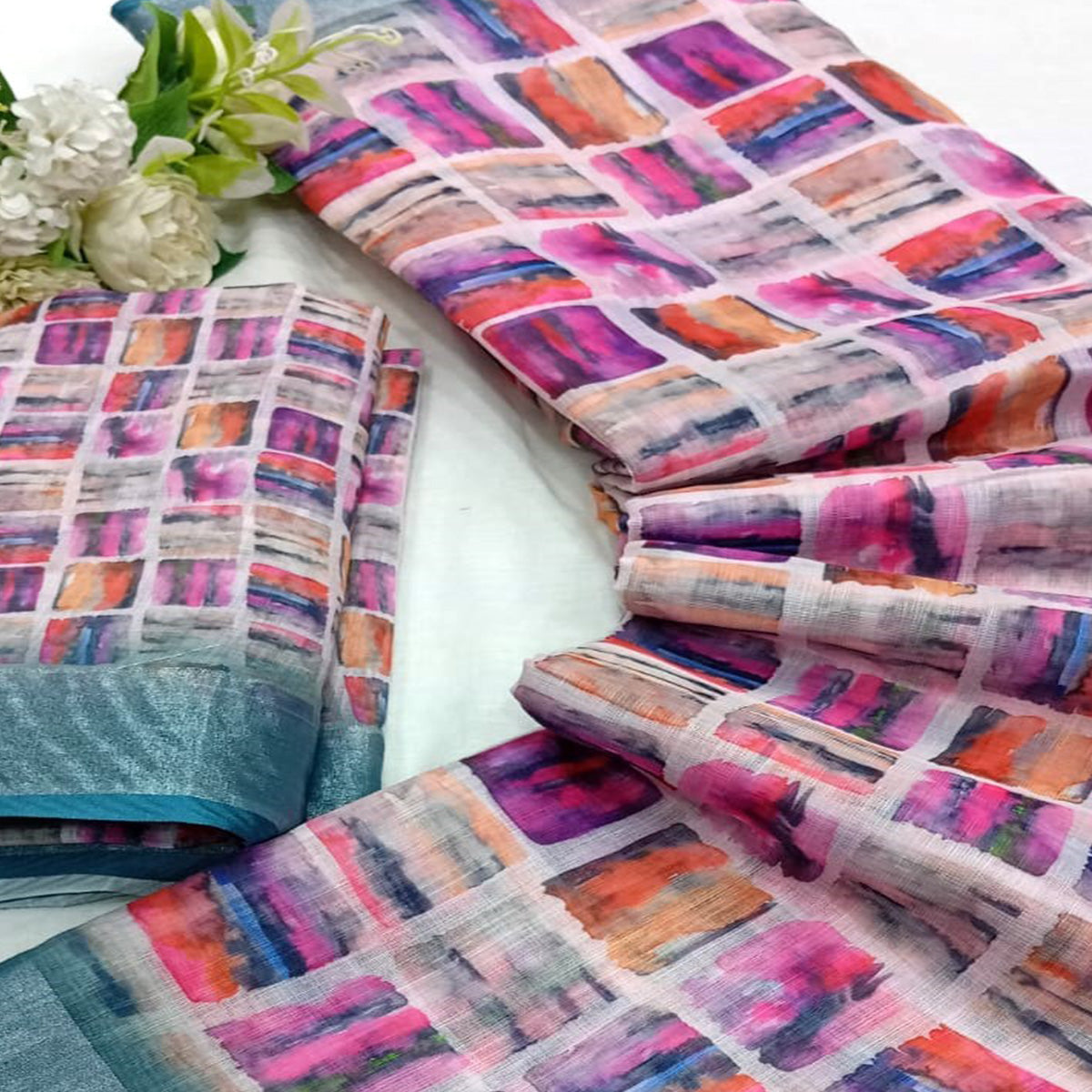 Multicolor Digital Printed Linen Saree