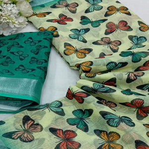 Yellow Digital Printed Linen Saree