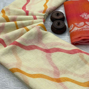 Ivory White Pure Linen Saree Adorned with Soft Floral Patterns