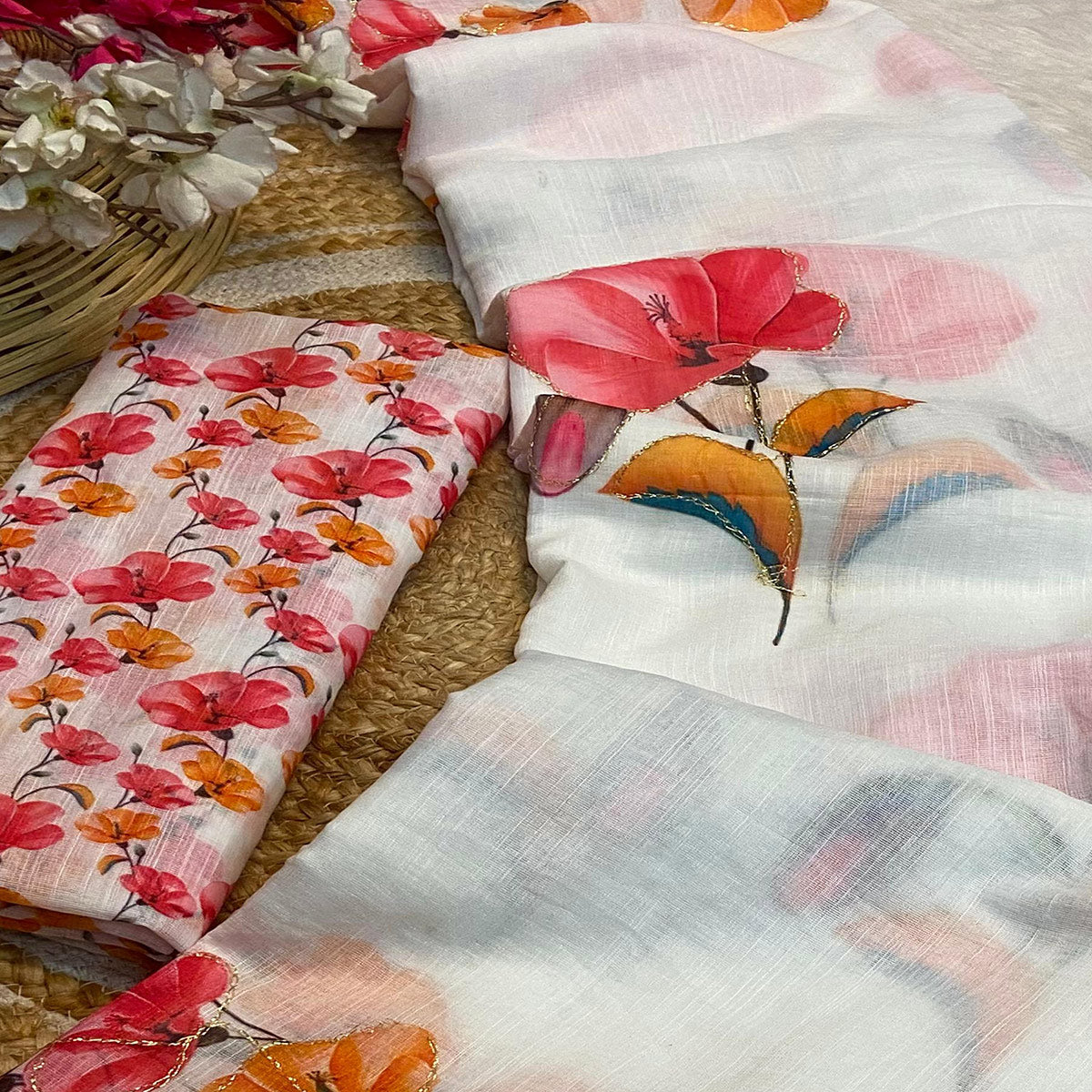 White Floral Printed Linen Saree