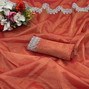 Orange Stone Work Embroidered Twill Gold Net Saree