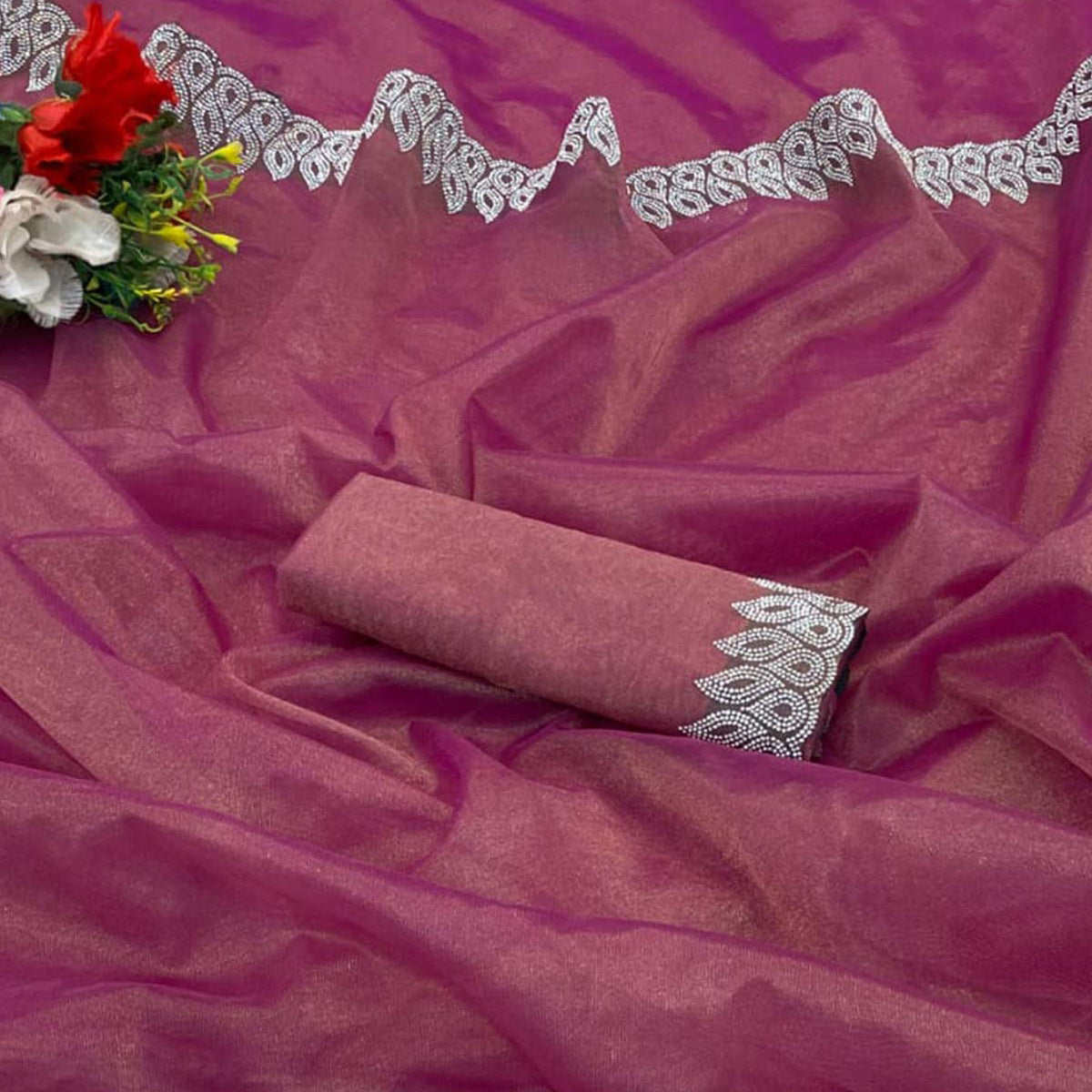 Pink Stone Work Embroidered Twill Gold Net Saree