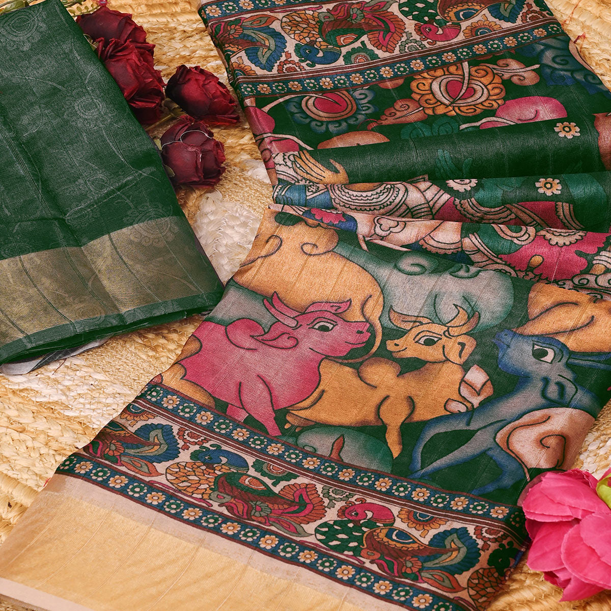 Green Printed Dola Silk Saree Adorned with Intricate Jacquard Border