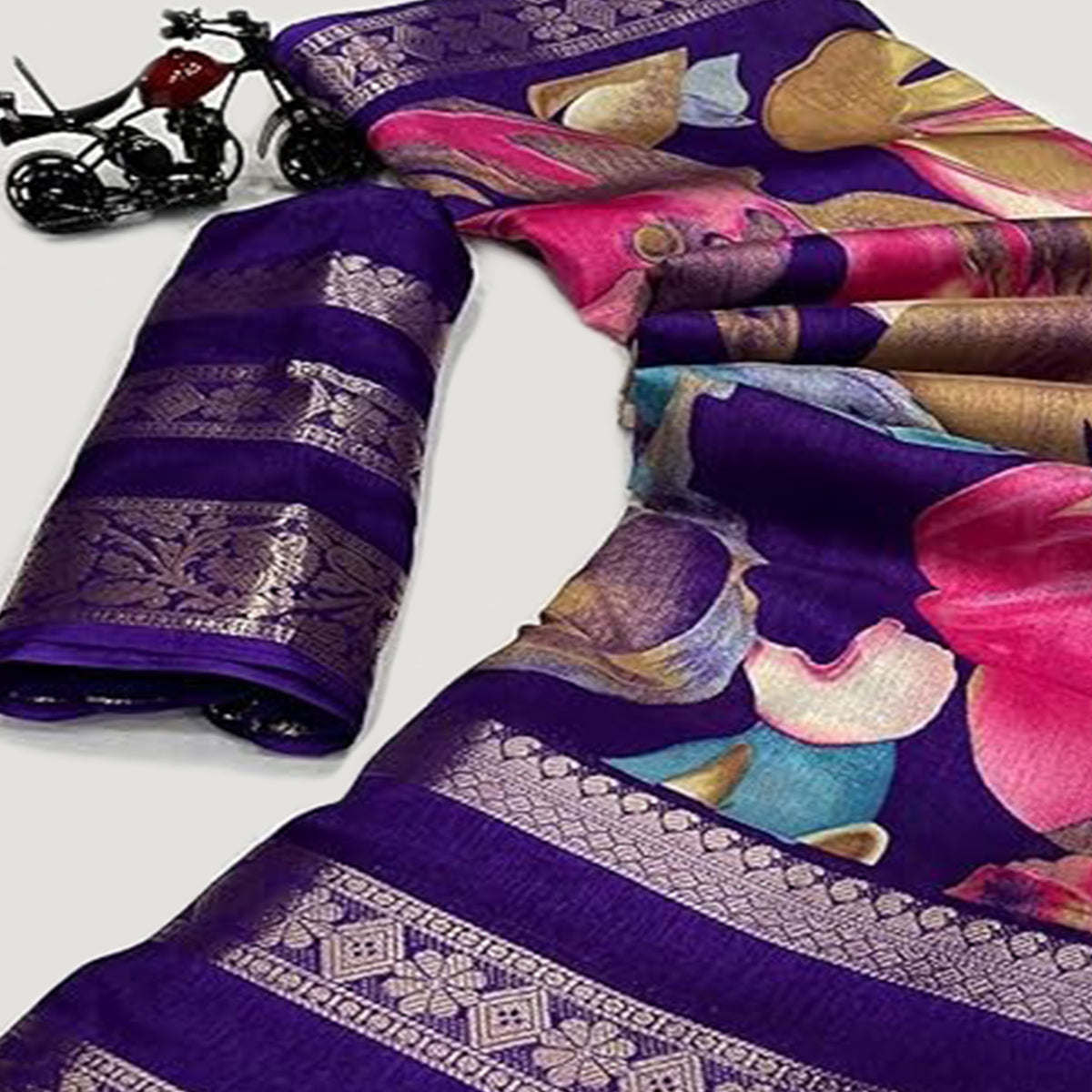 Violet Floral Printed Dola Silk Saree Jacquard Border