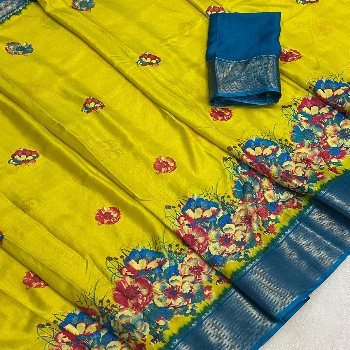 Lemon Yellow Floral Printed Dola Silk Saree With Zari Border