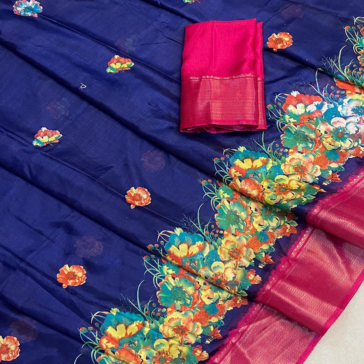 Navy Blue Floral Printed Dola Silk Saree With Zari Border