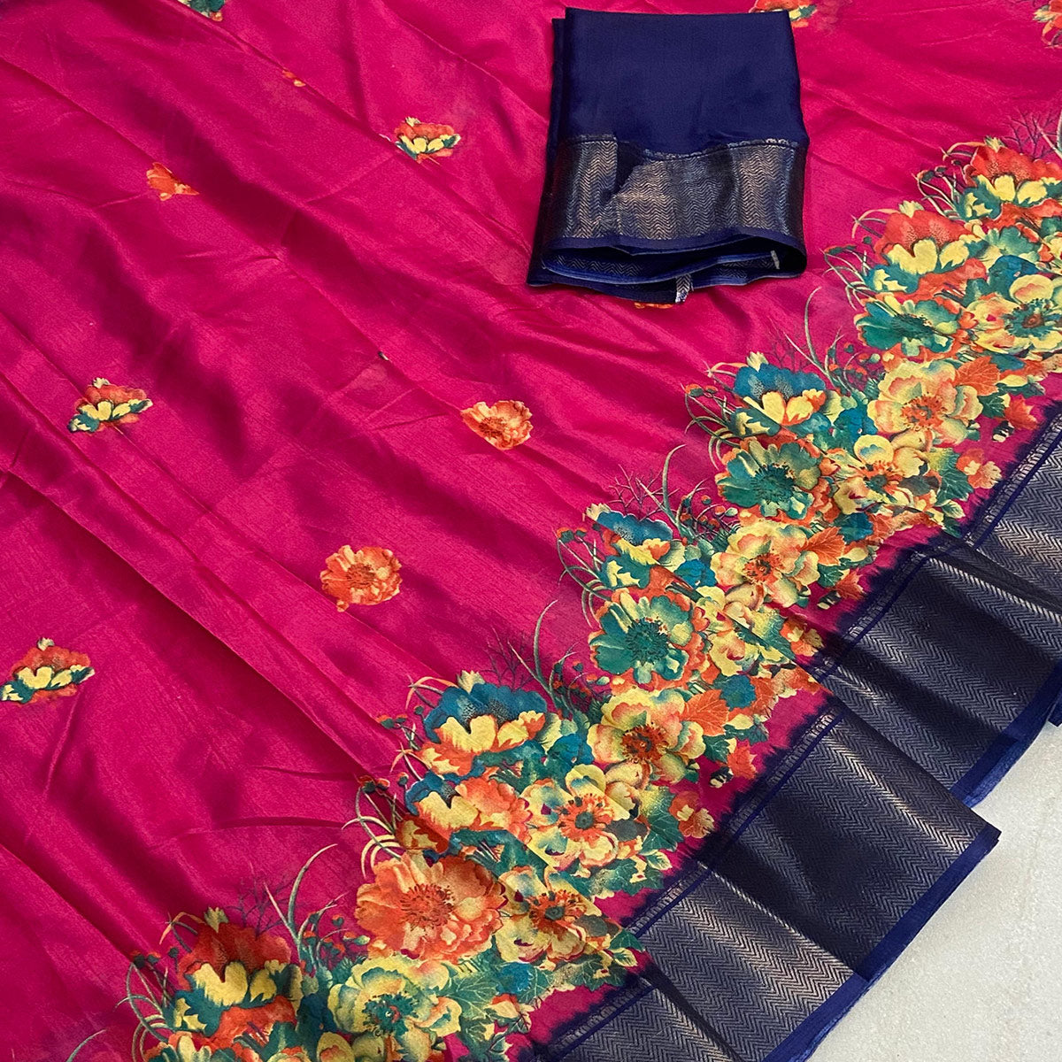 Pink Floral Printed Dola Silk Saree With Zari Border