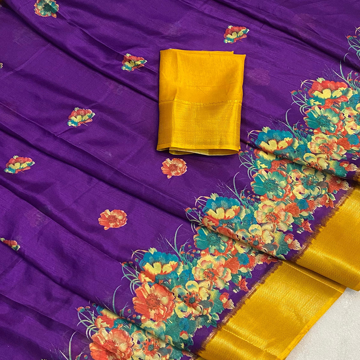 Purple Floral Printed Dola Silk Saree With Zari Border