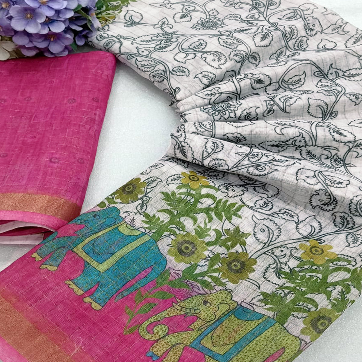 White Checks Zari Woven With Printed Linen Saree