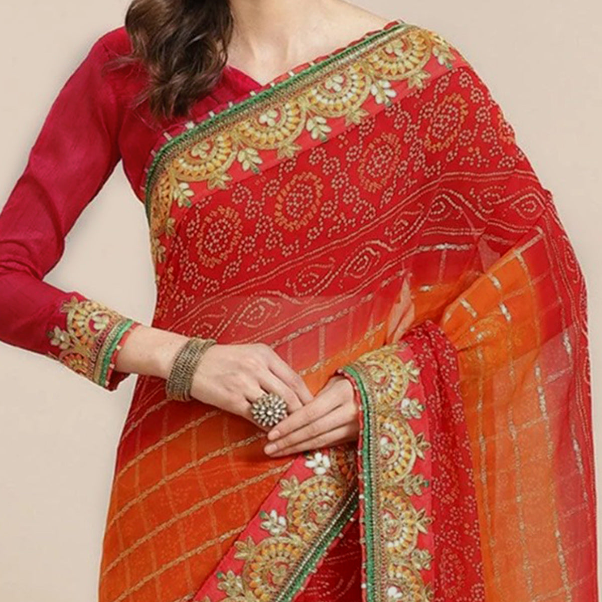 Red & Orange Bandhani Foil Printed Chiffon Saree