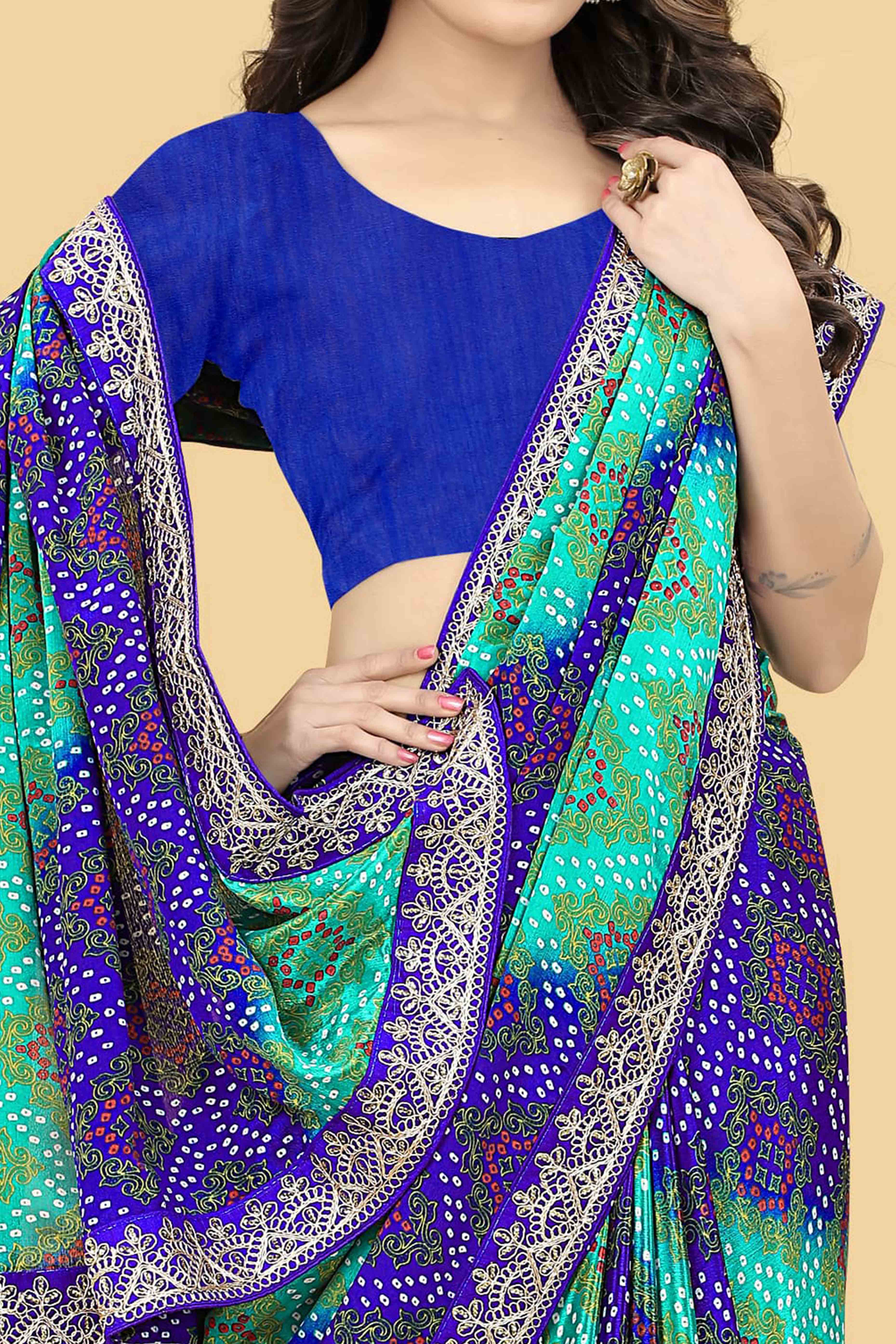 Blue & Turquoise Bandhani Printed Chinon Saree
